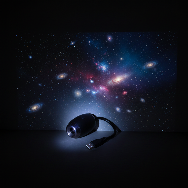 Proyector Lovuris Nova creando un universo vibrante de estrellas y nebulosas de colores en una pared oscura.