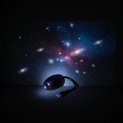 Proyector Lovuris Nova creando un universo vibrante de estrellas y nebulosas de colores en una pared oscura.